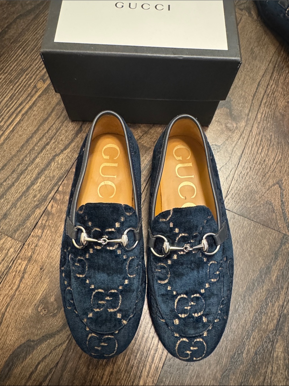 Gucci Navy Blue Velvet Horsebit Kids Loafers